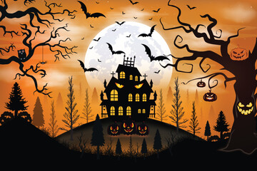 Halloween night celebration illustration with halloween pumpkins, bat, moon, and ghost house vector happy halloween design