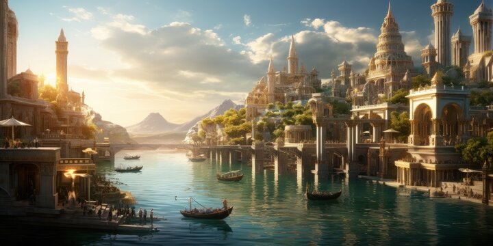 illustration of an ancient Tartarian city rising from below the ocean's surface, generative AI