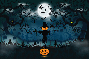 Halloween night celebration illustration with halloween pumpkins, bat, moon, and ghost house vector happy halloween design