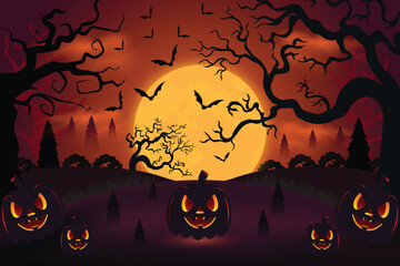 Halloween night celebration illustration with halloween pumpkins, bat, moon, and ghost house vector happy halloween design