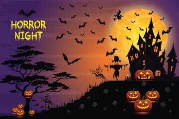 Halloween night celebration illustration with halloween pumpkins, bat, moon, and ghost house vector happy halloween design