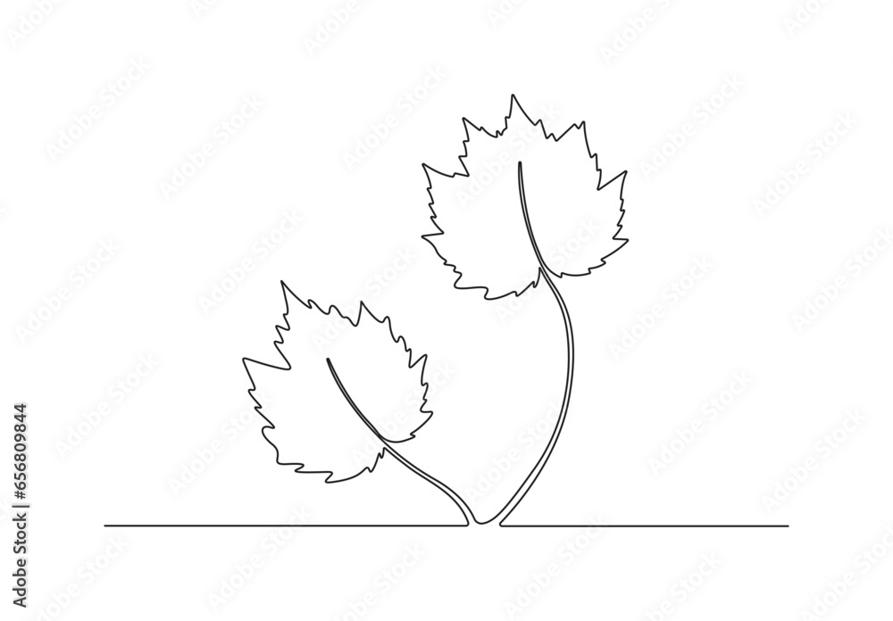 Poster leaf in one continuous line style. isolated on white background vector illustration. premium vector.