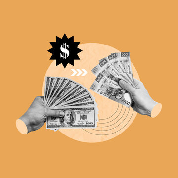 money exchange, remittances, remittances from Mexico and the United States, currency exchange, hand with dollars, hand with Mexican pesos, currency exchange, value of pesos against dollars