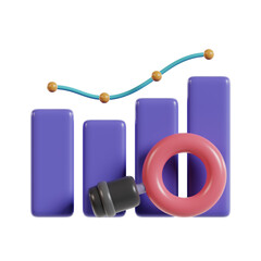3d render bar graph magnifying glass analysis icon