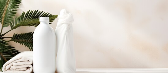 White linen and palm leafed detergent or softener for a tropical laundry day