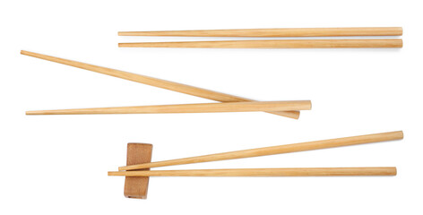 Collage with wooden chopsticks isolated on white