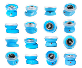 Collage with portable candy cotton machine isolated on white, different sides