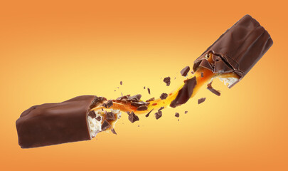 Broken chocolate bar with yummy caramel in air on golden background, banner design