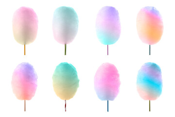 Set of different cotton candy on sticks isolated on white