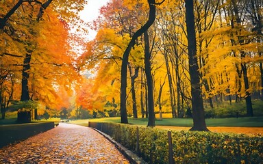 A single-lane winding road through forest full of bright orange trees in autumn, autumn leaves background