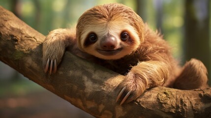 Naklejka premium Adorable sloth hanging from a tree branch