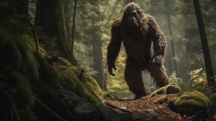 photograph of sasquatch (Bigfoot) wandering in the woods - obrazy, fototapety, plakaty
