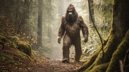 photograph of sasquatch (Bigfoot) wandering in the woods - obrazy, fototapety, plakaty