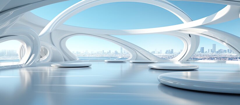 Futuristic white building interior in 360 degree VR style
