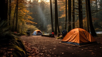 abandoned campsite in the colorful autumn forest
