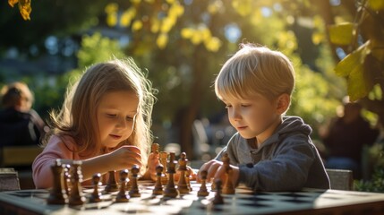 Two kids playing a game of chess in the park  - obrazy, fototapety, plakaty