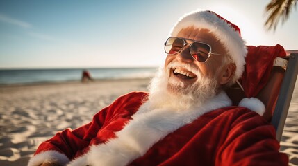 Santa Claus relaxing on the beach - obrazy, fototapety, plakaty