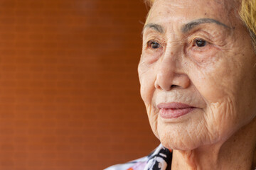 Close-up of asian elderly woman's face, shimmering with wisdom and decades of experience, shows wrinkle and detail on her skin revealing emotions, of happiness and enjoyment for retired female.