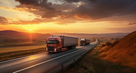 Overtaking trucks on an asphalt road in a rural landscape at sunset
 