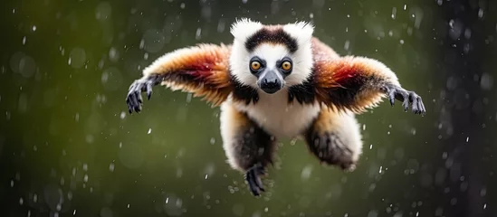 Badezimmer Foto Rückwand Red and white monkey with long tail found in Madagascar jumps in rainforest © 2rogan