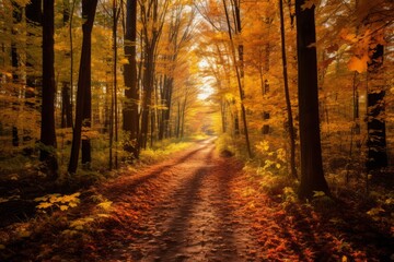 autumn picture of a trail with tall trees leaves falling