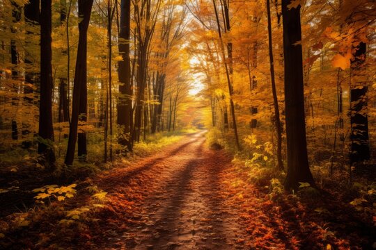 autumn picture of a trail with tall trees leaves falling