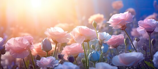Eustoma flowers bloom with roses in a dreamy garden enchanting and magical