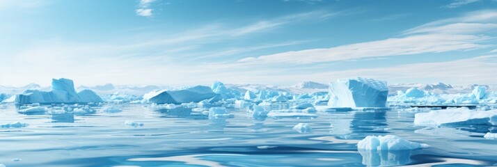 illustration of pure water surface, with clean white icebergs looming in the distance, generative AI