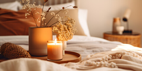 A bed with candles on it and a lamp on the table with the word love on it