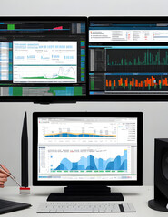 Analyst Works on Personal Computer Showing business analytics dashboard with charts, metrics and KPI to analyze performance and create insight reports for operations management. Data analysis concept.