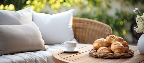 Patio of a spa hotel with coffee and croissants on a rattan table next to a cozy sofa with white pillows