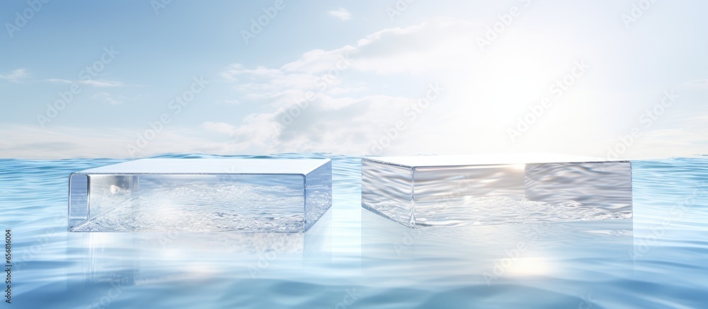 Poster empty clear square podiums on calm water with splashes and waves in sunlight background for product 