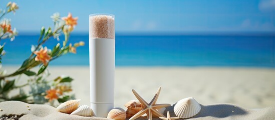 White plastic tube with UVA and UVB protection for sunscreen Studio photo shoot with blue background sand shells and white stones to capture a summer atmosphere