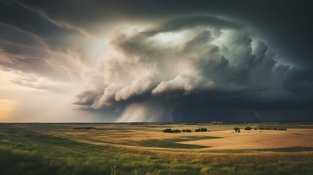 The image depicts a dramatic and ominous supercell thunderstorm over a vast, open grassland, illustrating nature's powerful and turbulent beauty.