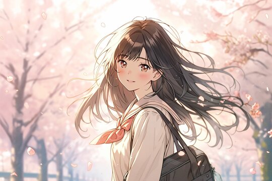 満開の桜と女子高生のイラスト