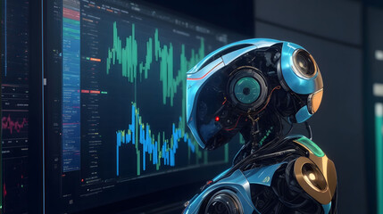 Advanced Robotic Algorithm Analyzing Financial Stock Market Trends. - obrazy, fototapety, plakaty
