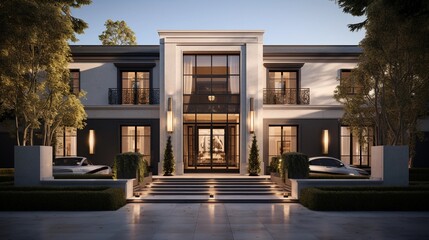 A visual celebration of a modern house that preserves and renovates a heritage facade, offering a blend of old-world charm and contemporary luxury, background image, AI generated - obrazy, fototapety, plakaty