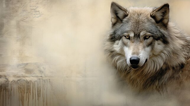 A thought-provoking scene featuring a wise-looking lone wolf against a textured background, with designated areas for text, background image, AI generated