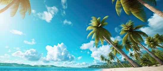 Fototapeta na wymiar palm trees on the beach and blue sky with clouds