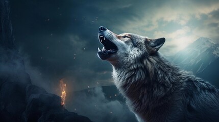 An image capturing a lone wolf in the midst of a haunting howl, with the moon as a backdrop, background image, AI generated - obrazy, fototapety, plakaty