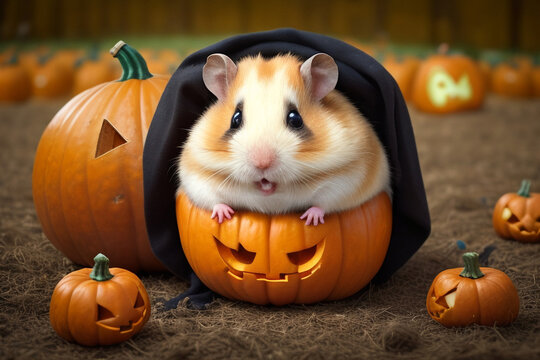 A hamster in a pumpkin wearing a Halloween costume