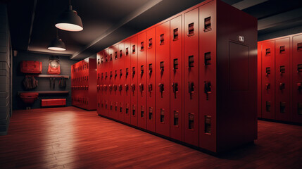 Red lockers in generic locker room with wooden bench - obrazy, fototapety, plakaty