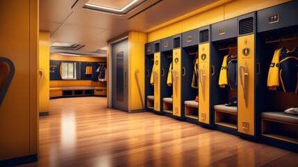 Yellow lockers in generic locker room with wooden bench - obrazy, fototapety, plakaty