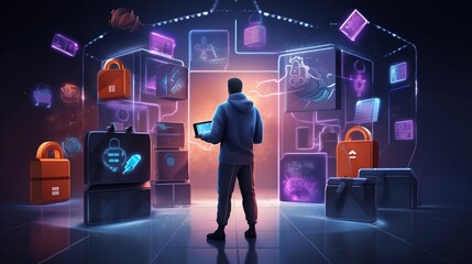 An image illustrating a person making a secure online purchase, with digital transaction icons and security padlocks, providing space for text, background image, AI generated - obrazy, fototapety, plakaty