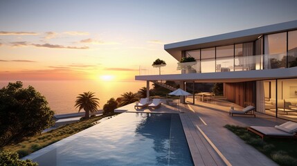 An image of a modern house designed as a seaside retreat, with panoramic ocean views, background image, AI generated