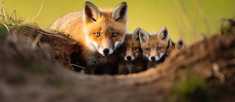Wild red fox with cubs close up near its den feeding puppies