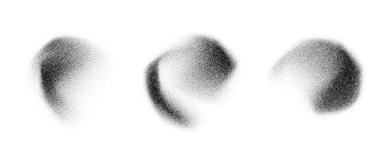 Radial fluid stippled gradient elements. Noise grain texture stains shape set. Black and white dotted spray forms and sand dust spots. Halftone splatter shades collection. Vector dot work splashes