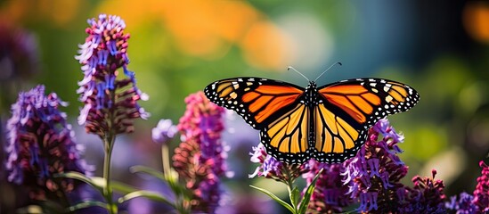 Summer monarch butterfly enjoying nectar from wildflowers in a garden - obrazy, fototapety, plakaty