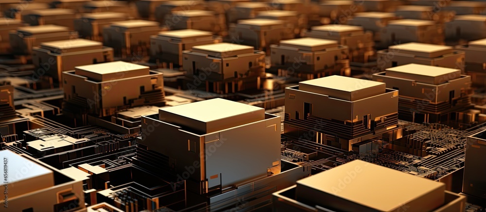 Poster illustration of interconnected cardboard boxes with microchip in 3d
