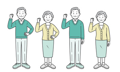 ガッツポーズをする高齢者男女 斜め